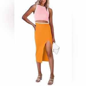Pink and orange ribbed cutout dress